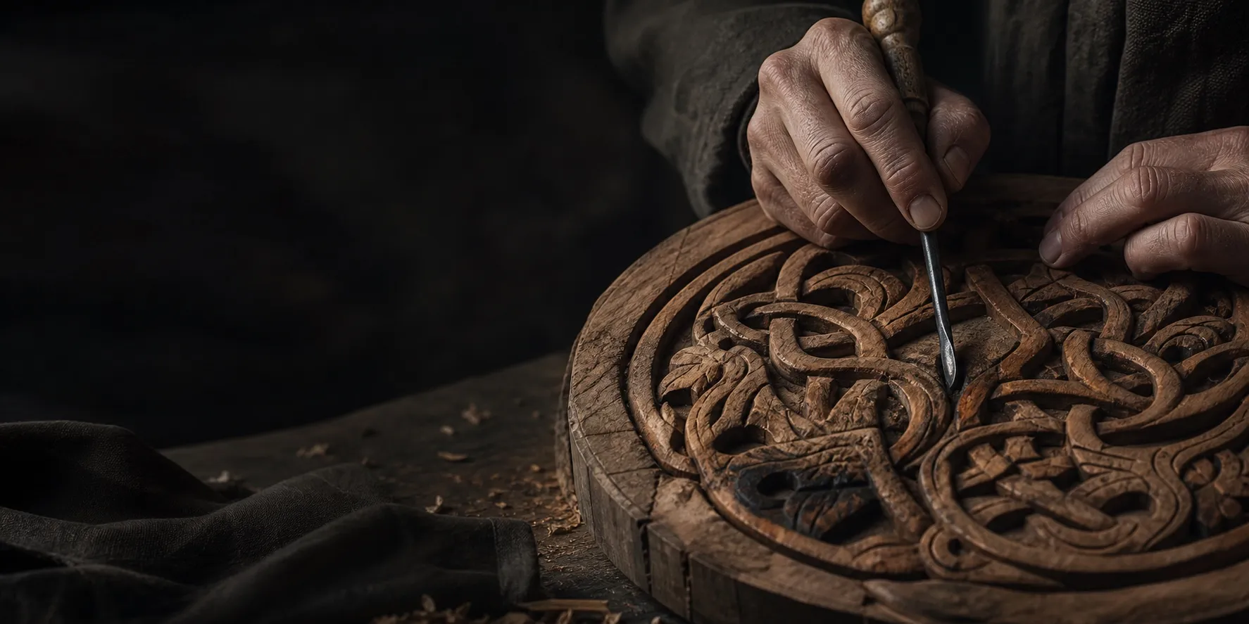 Hands carving an intricate circular relief from solid wood
