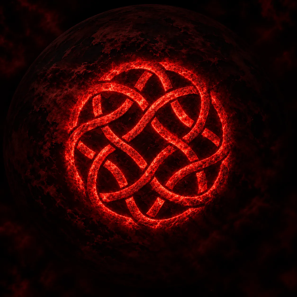Artistic reconstruction of IMHEIN as a glowing red seal on a dark, planet-like surface