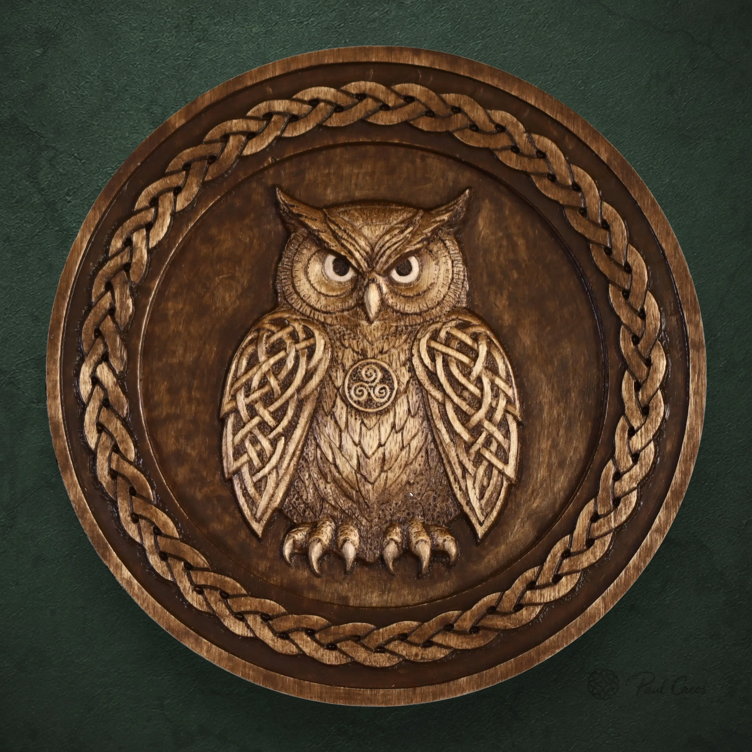 Owl Sentinel I thumbnail showing a carved owl framed by Celtic-inspired knotwork