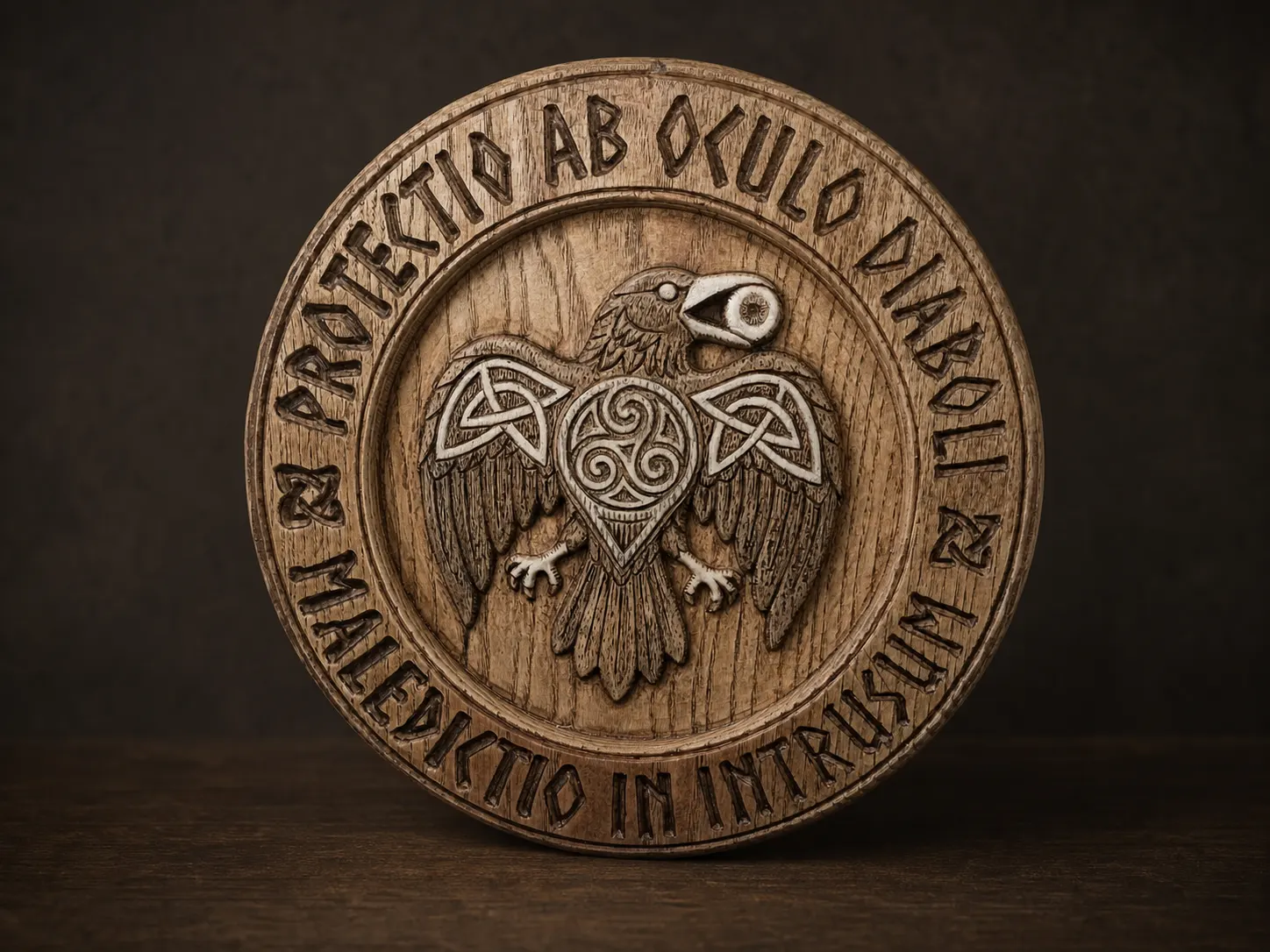 Circular wooden raven relief with a triskele and protective Latin inscriptions