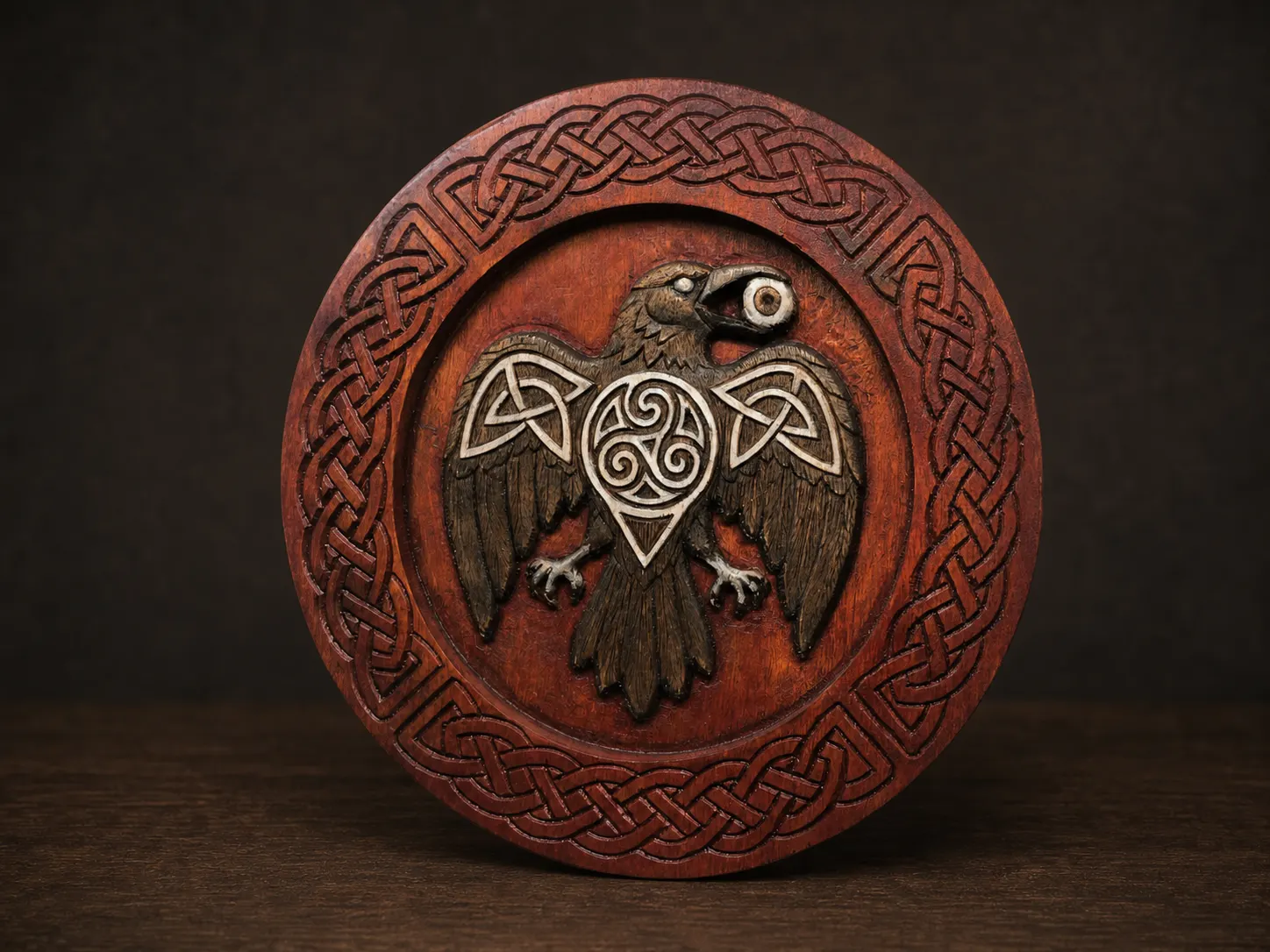 Circular wooden raven relief surrounded by a continuous Celtic-inspired knot border