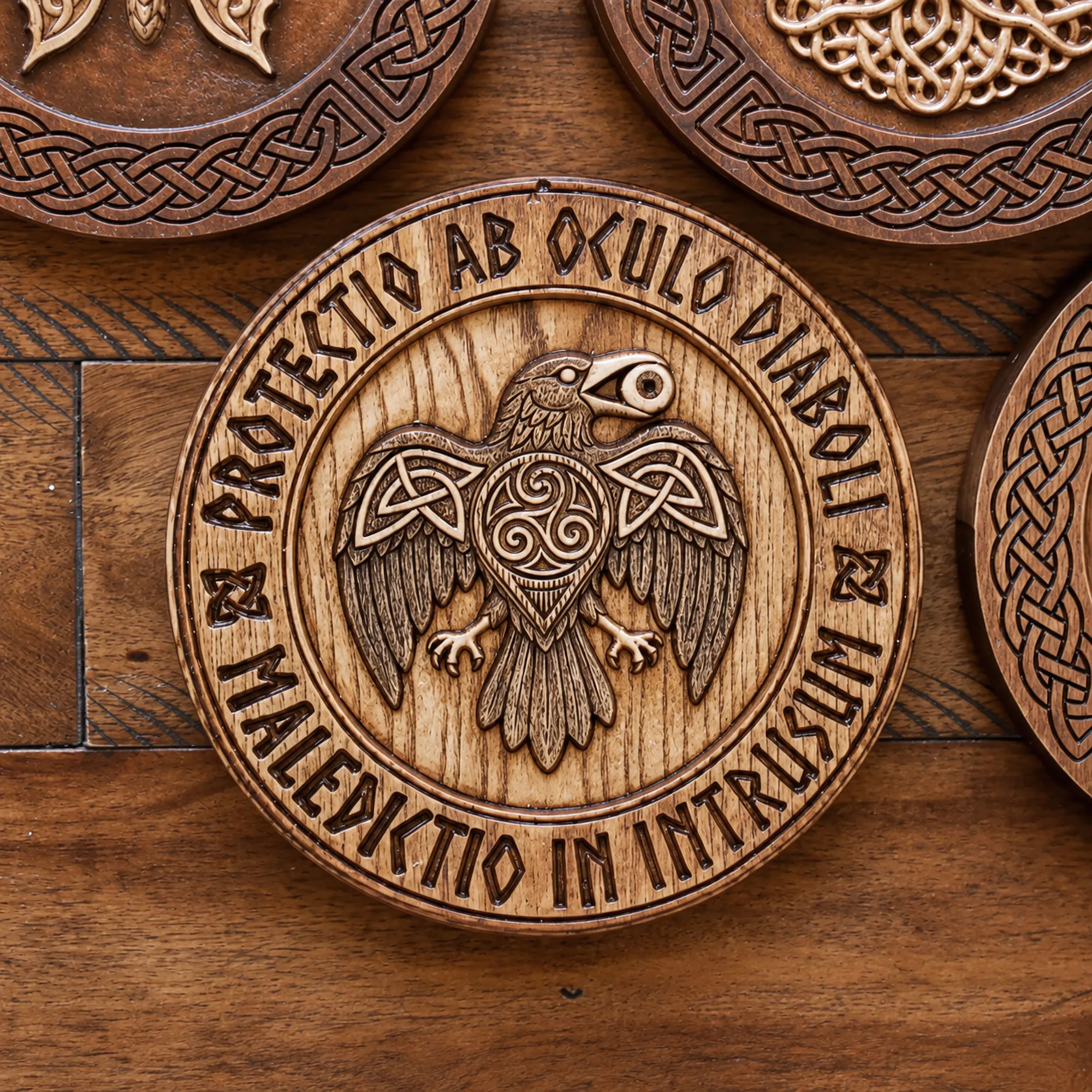 Raven Warden I photographed on a wooden surface, showing the carved raven, triskele, and Latin inscription