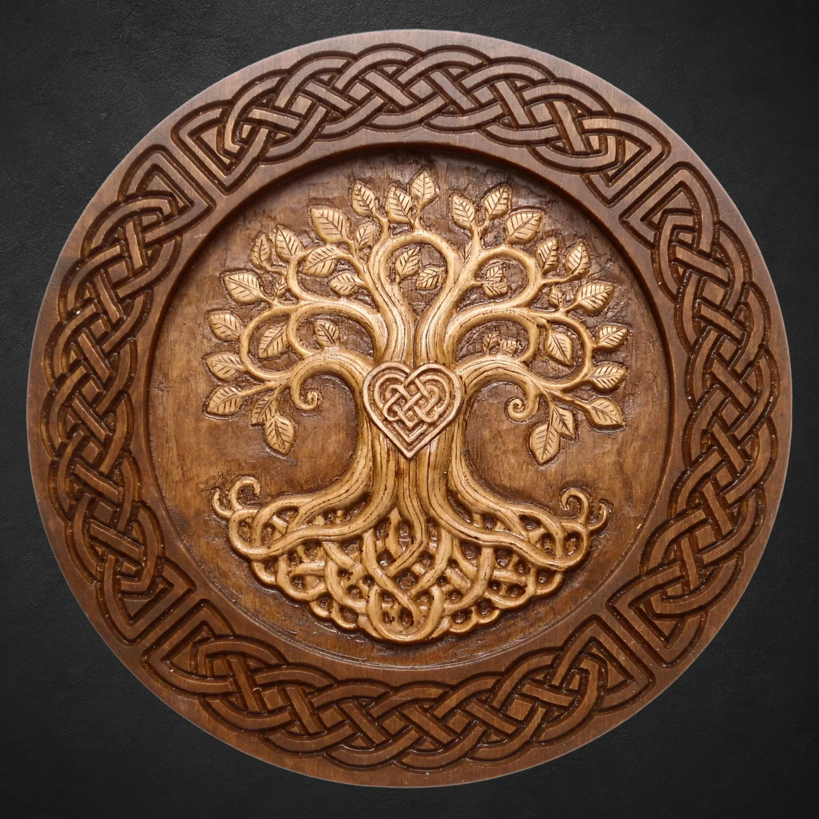 Tree of Life I, a hand-carved wooden roundel with roots, branches, leaves, and Celtic knotwork
