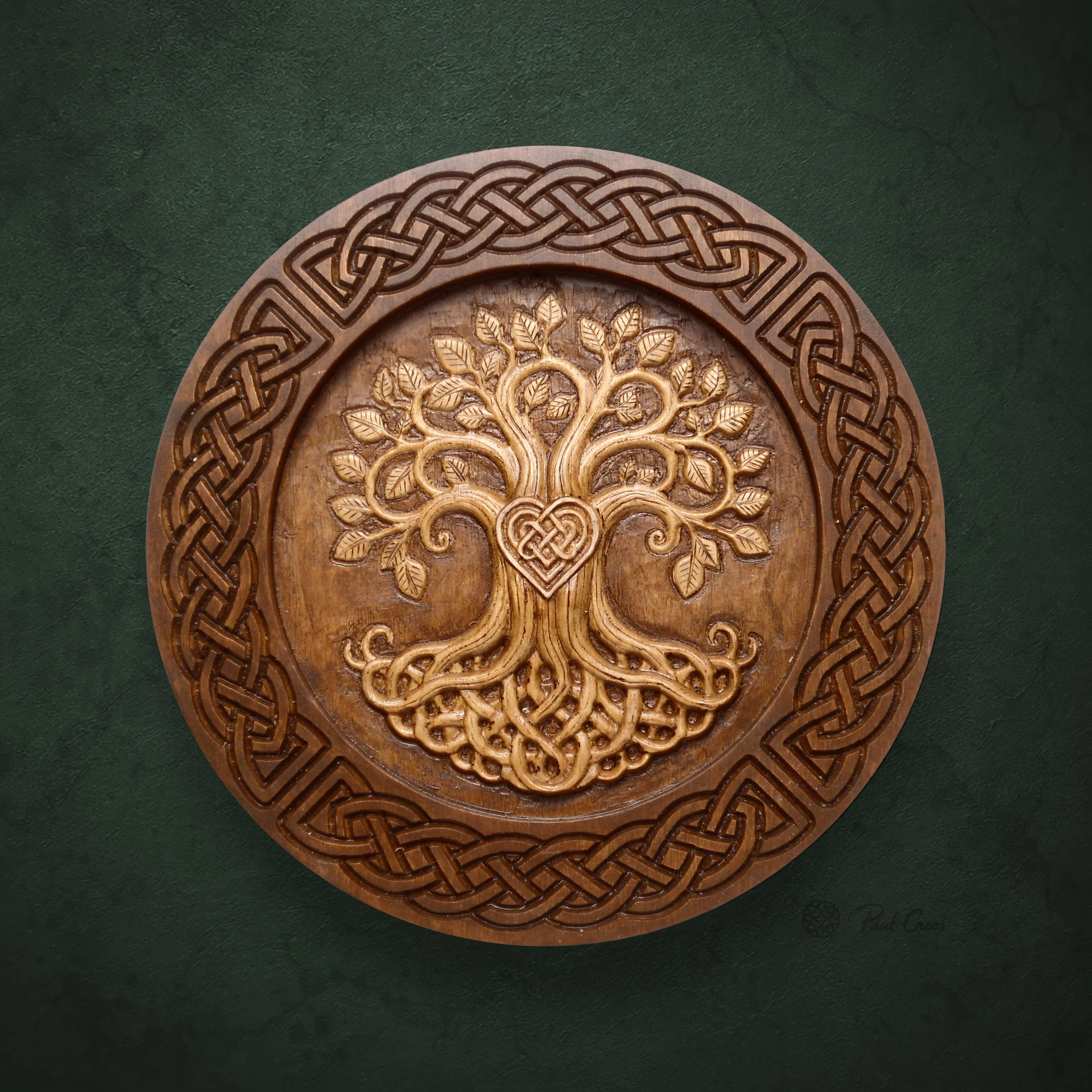 Tree of Life I wooden roundel with a carved tree, roots, leaves, and Celtic knotwork border