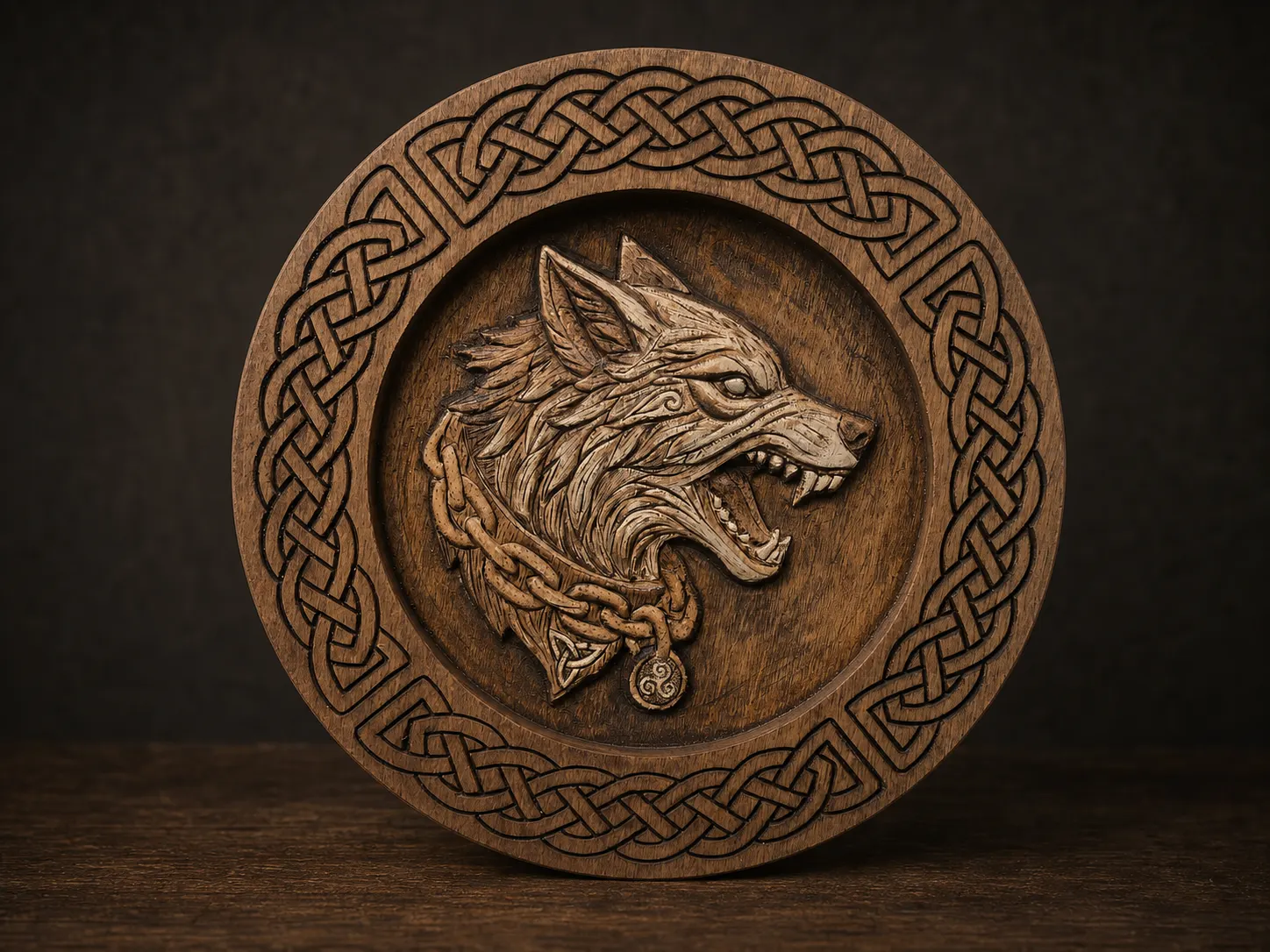 Circular wooden relief of a snarling wolf framed by Celtic-inspired knotwork