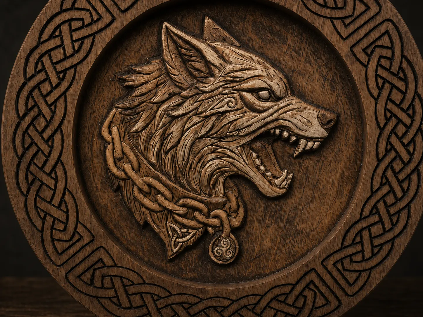 Detail of a carved wooden wolf with a chain, knot pendant, and triskele