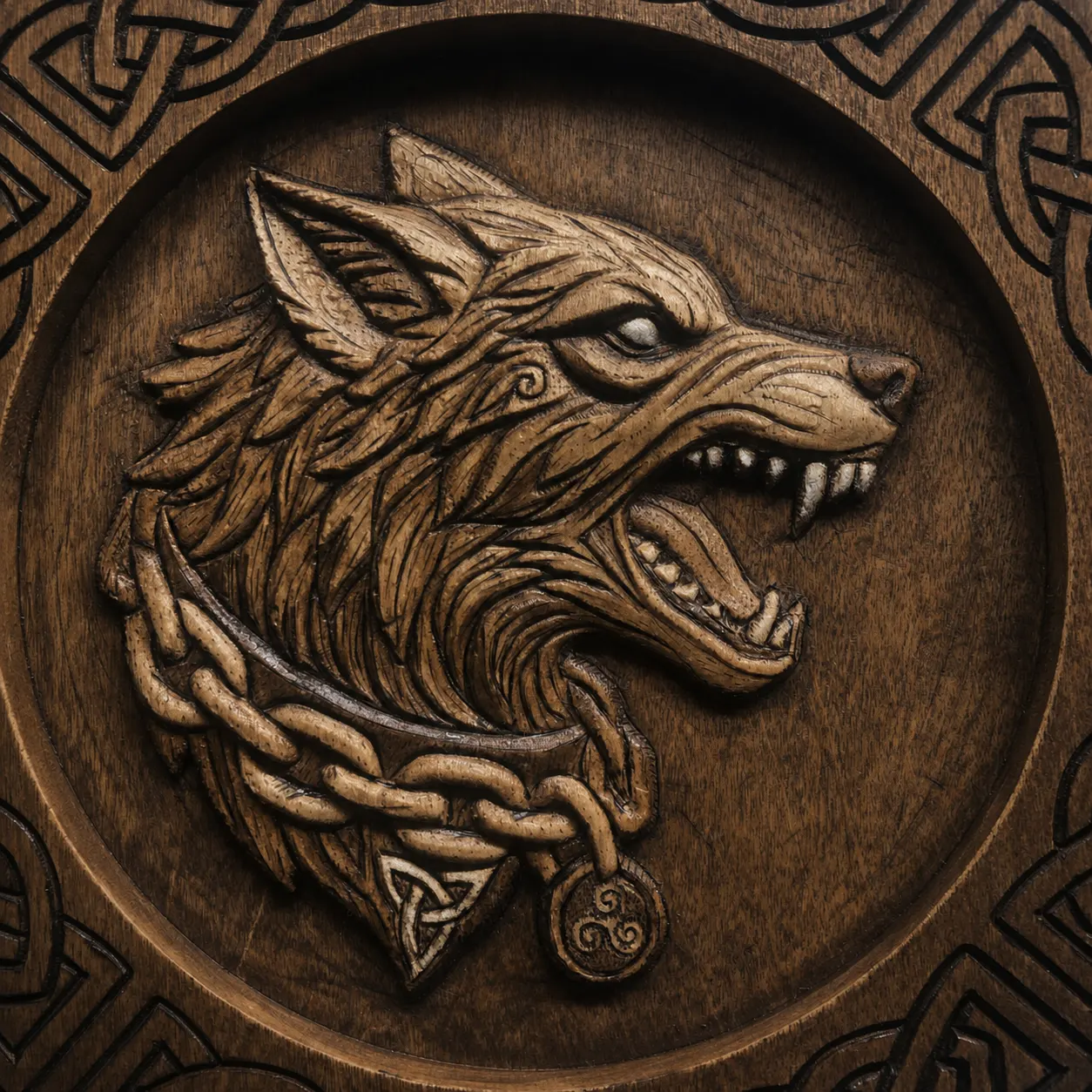 Close detail of the carved Wolf Guardian face, chain, and symbolic pendants
