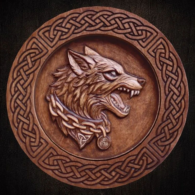 Wolf Guardian relief displayed against a dark brown wood background