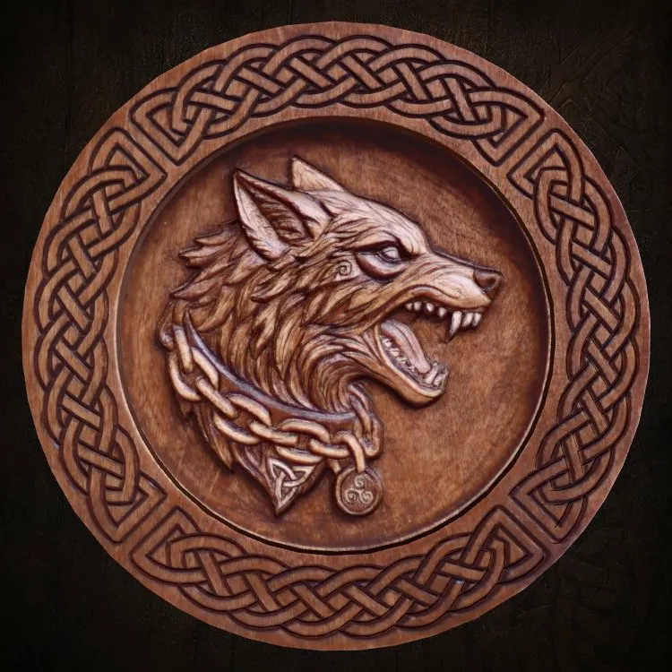 Wolf Guardian relief displayed against a brown knotwork background