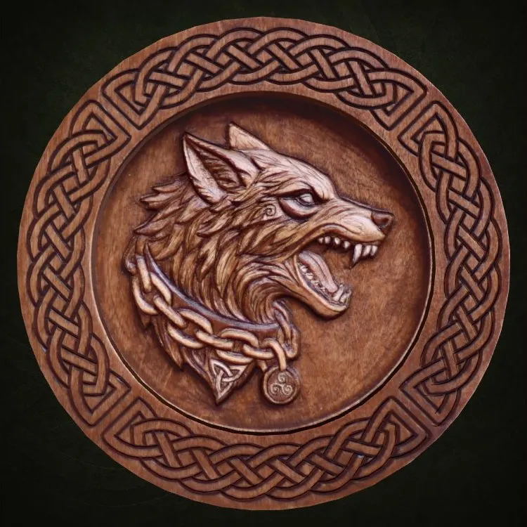 Wolf Guardian relief displayed against a green knotwork background