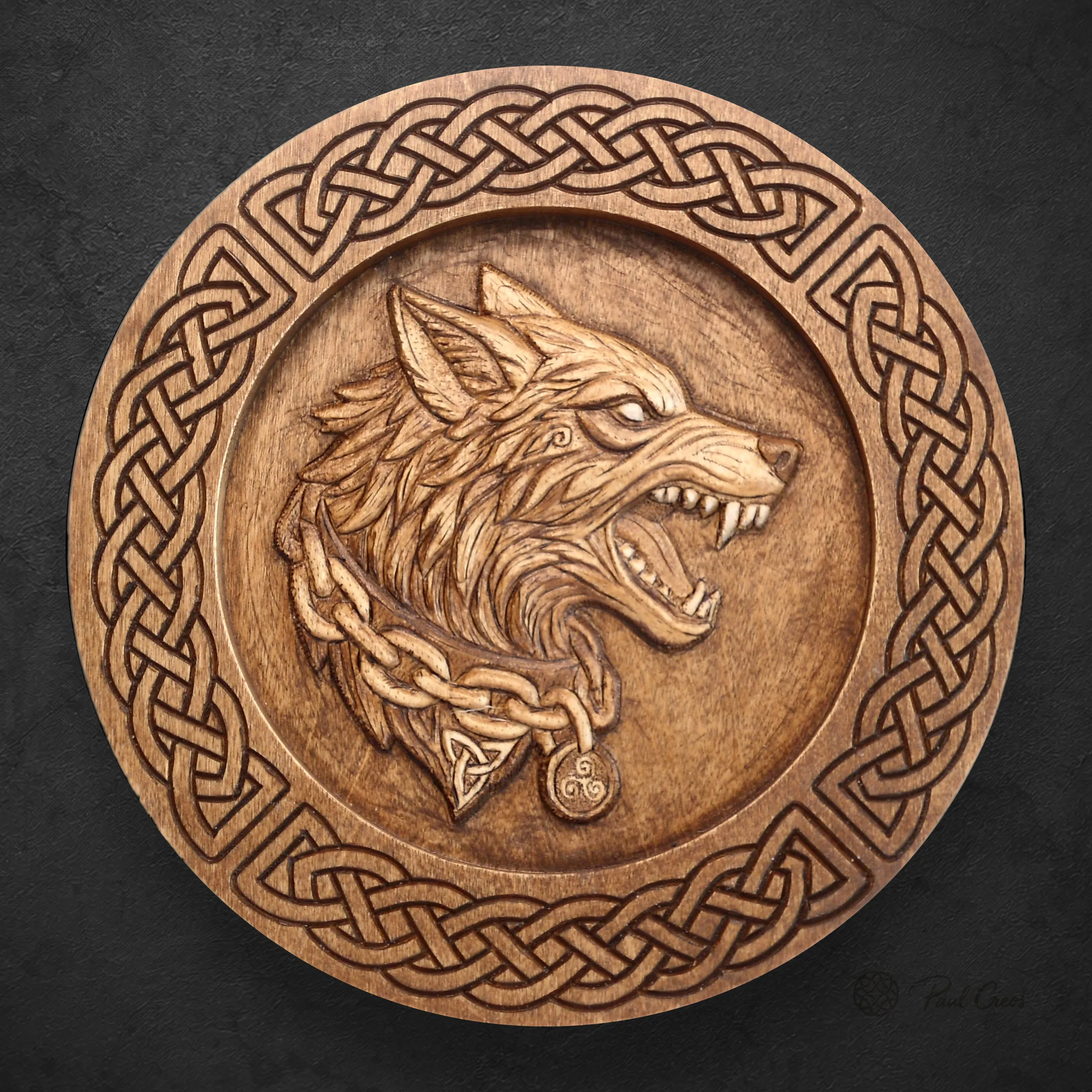 Wolf Warden I thumbnail showing the carved wolf roundel and Celtic knotwork border