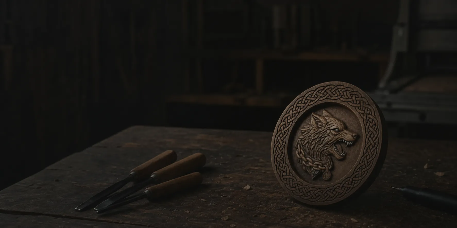 A carved wolf relief surrounded by Celtic knotwork